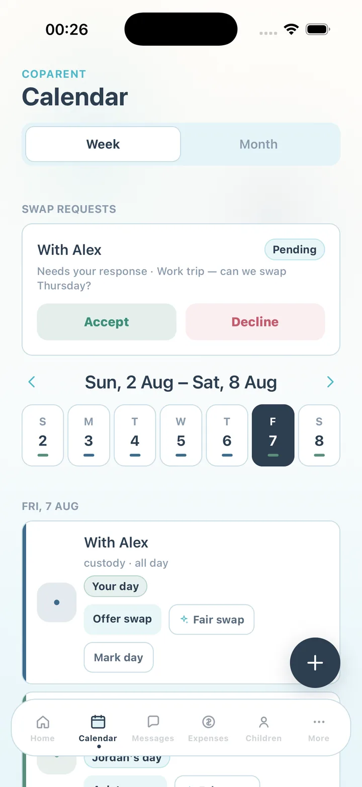 CoParent custody calendar in week view with a pending swap request, colour-coded parenting time and Offer swap, Fair swap and Mark day actions