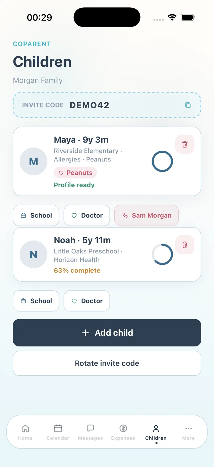 CoParent child profiles with school, doctor, allergy and emergency-contact shortcuts and the family invite code