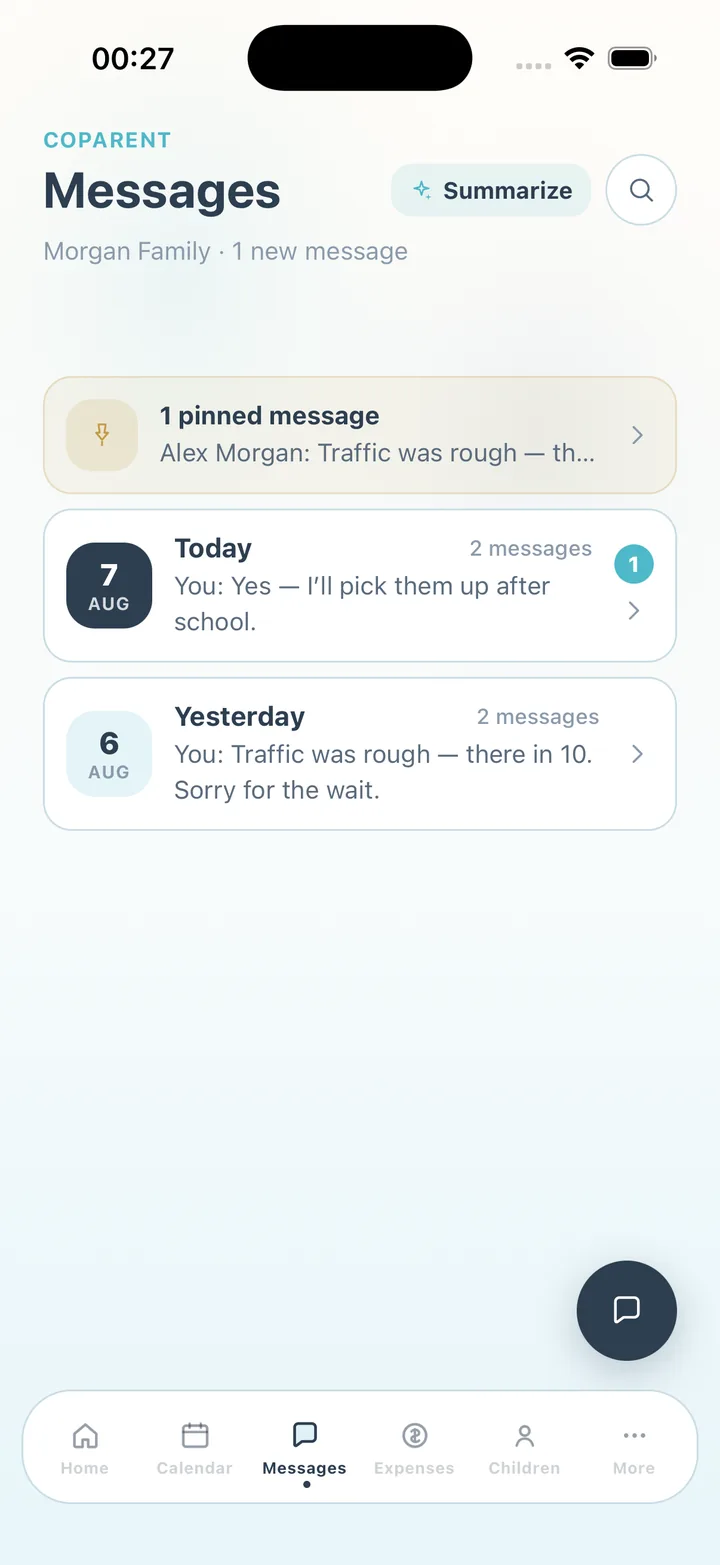 CoParent family messages grouped by day with a pinned message, search and a one-tap Summarize button